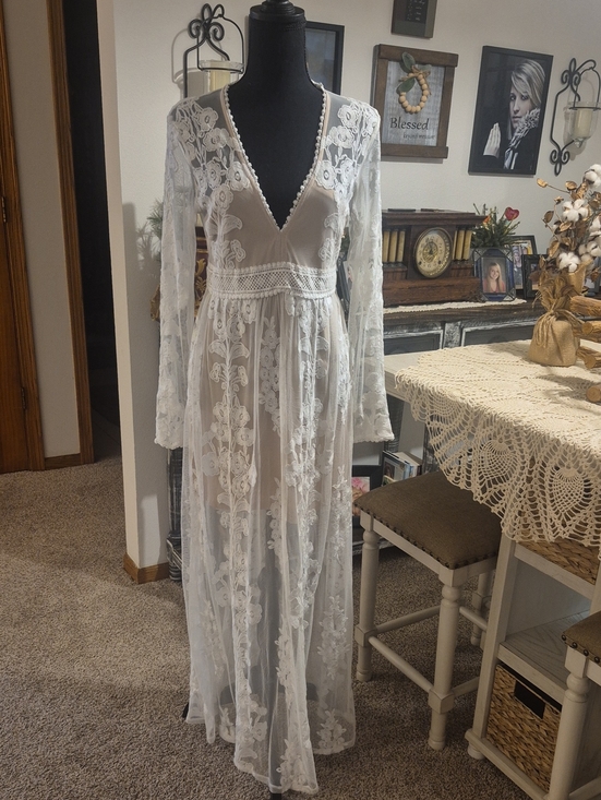 Altar'd State Dresses & Skirts - Altar'd State White Sheer Lace Maxi Dress with Floral Embroidery